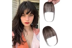 NOXOZOQM Bangs Hair Clip in Bangs 100% Human Hair Extensions Wispy Bangs Fake Bangs Fringe With Temples Hairpieces for Women Dark Brown Clip on Air Bangs Curved Bangs for Daily Wear