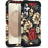 SleekCover for Galaxy S25 5G Case,3 in 1 Oil Painting Flower Pattern Heavy Duty Shockproof Protection Silicone Rubber Bumper+Hard Plastic Protective Cover for Samsung Galaxy S25,Black Flower