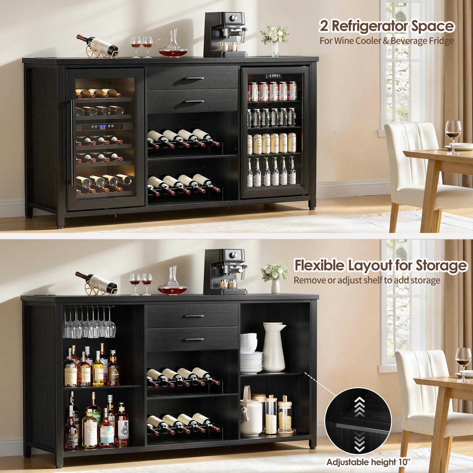 Detailed dimensions and weight capacities of the Leteuke Coffee Bar Cabinet.