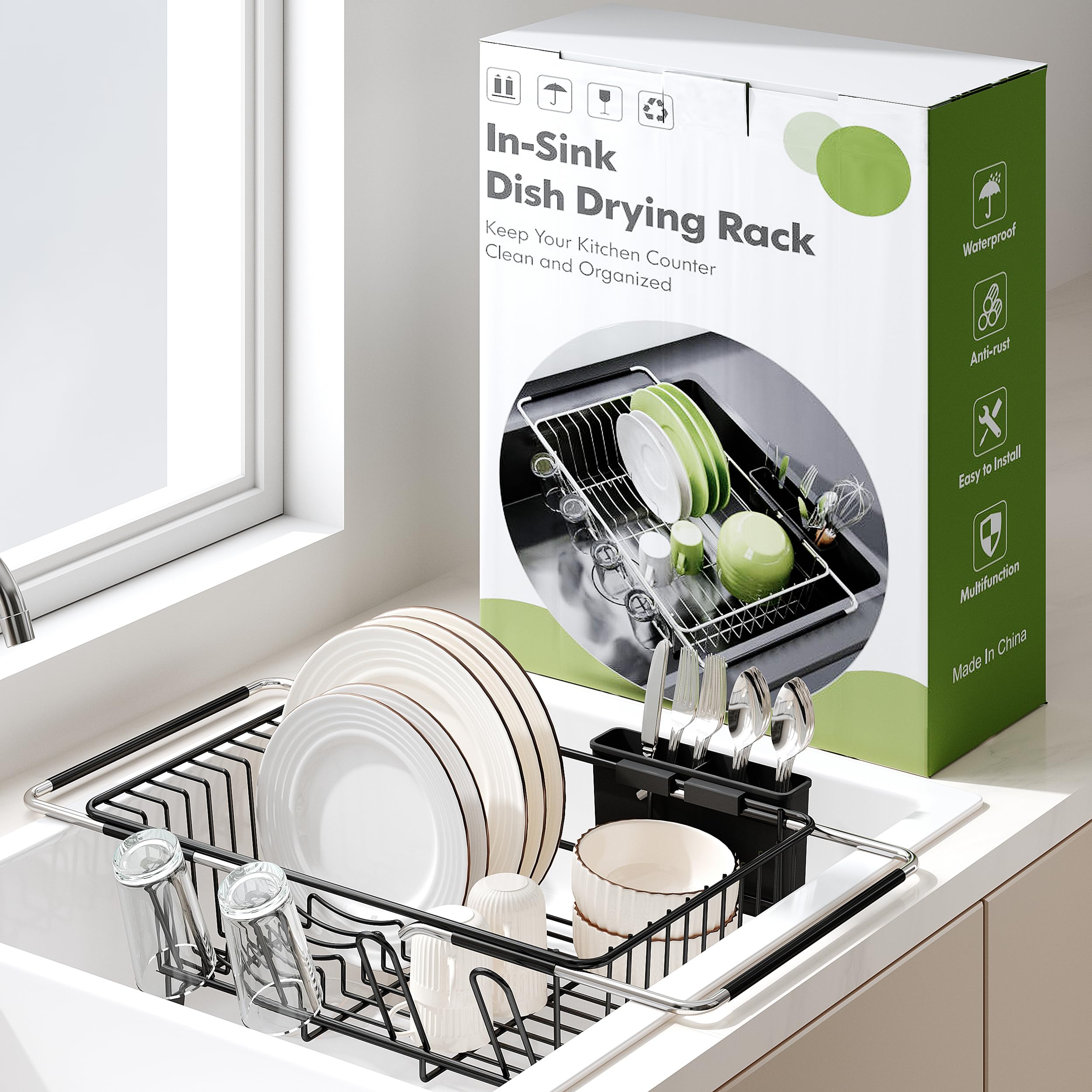 Photo 1 of Over the Sink Expandable Dish Drainer Drying Rack In Stainless Steel for Small Kitchen, Counter Space Saving Modern Compact Metal Above Plate Dryer Strainer, Adjustable Hanging Inside Drain Holder