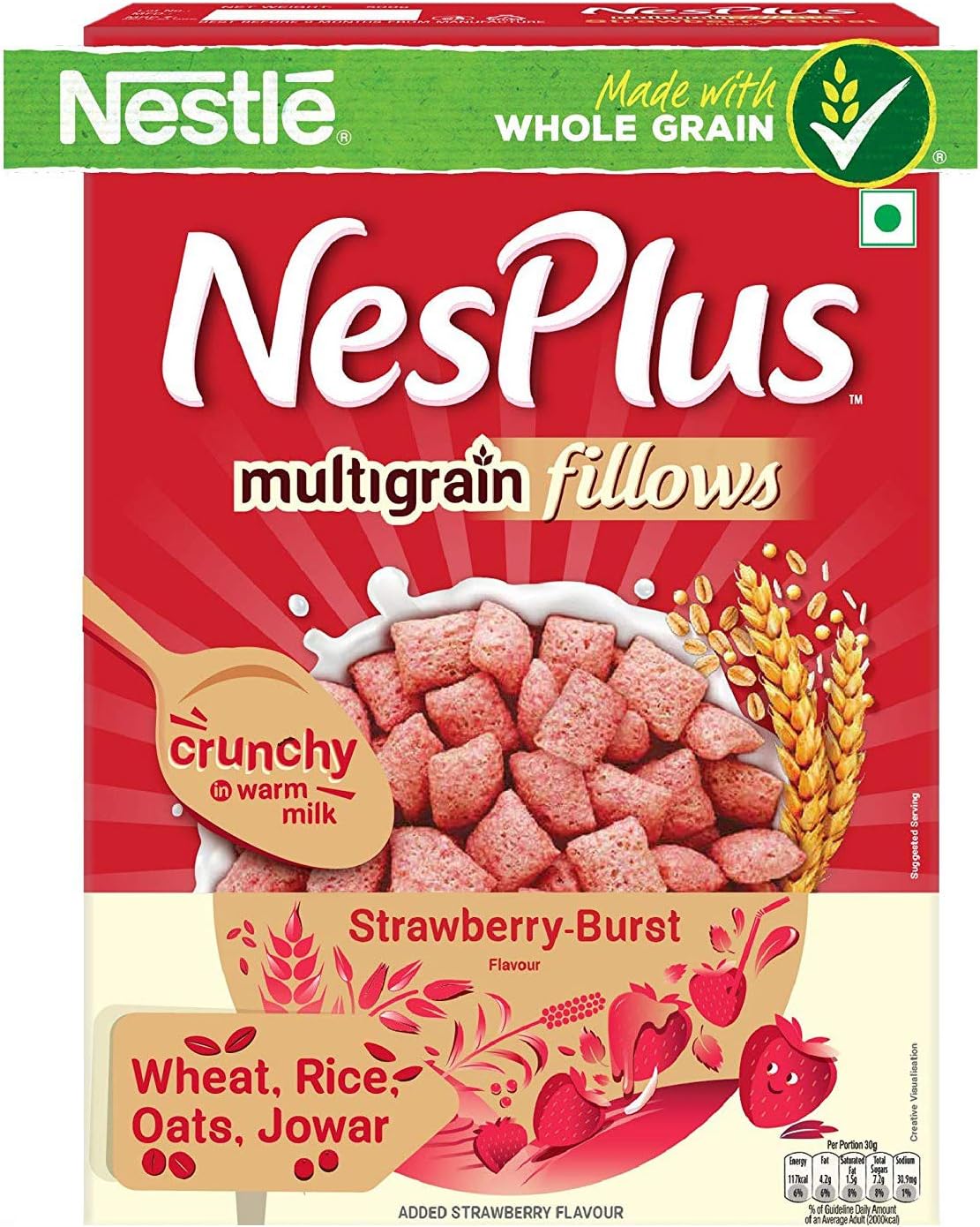 Nestle NesPlus Breakfast Cereals, Multigrain Fillows - Strawberry Burst, 500g