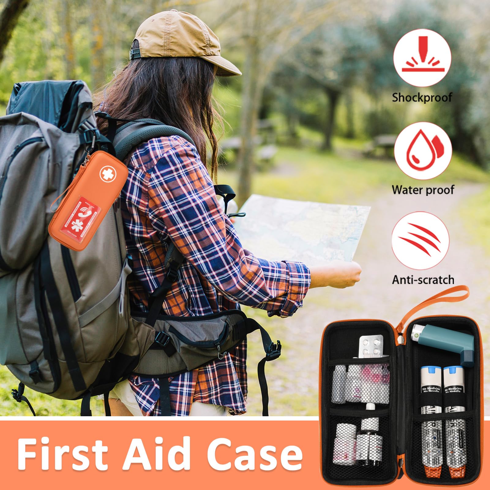 EpiPen Carry Case, Hard Emergency Medical Bag with Carabiner-for 2 EpiPens, Asthma Inhaler, Auvi-Q,Eye Drops,Anti-Histamine,Allergy Medication,Diabetes Travel Case for Adults (Large Size)