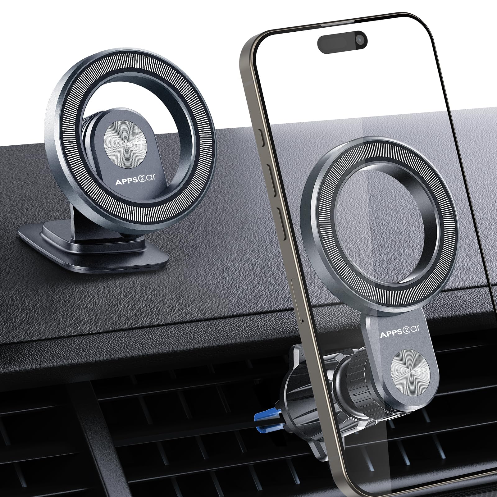 APPS2Car for Magsafe Car Mount, 2 in 1 Magsafe Car Phone Holder, 360° Rotating Dashboard & Air Vent Magnetic Phone Car Mount for iPhone 16/15/14/13/12, Others with Metal Ring