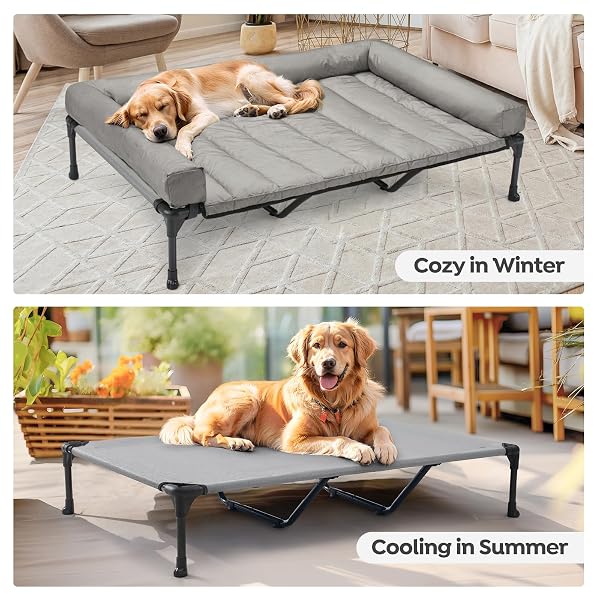 VEEHOO COOLING ELEVATED DOG BED ADD REMOVABLE WATERPROOF BOLSTER CUSHION MAT, RAISED PET COT WITH BREATHABLE TESLIN MESH, NO-SLIP FEET, DOG COUCH BED FOR INDOOR OUTDOOR, 59X37.5INCHES, GREY, CWC2331B