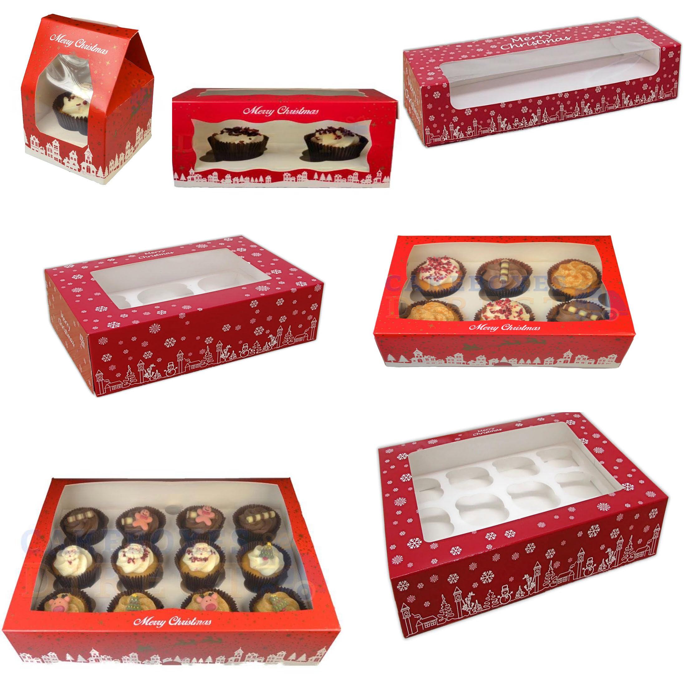 LARRYROO Festive Christmas Cupcake/Mince Pie Boxes for 1, 2, 3, 6, 12 Cup Cakes & Removable Inner Trays (10, 12 Cavity Cupcake (Snow Flake))