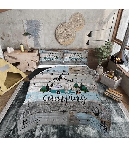Happy Camping Queen Comforter Set - Rustic Farmhouse Pine Trees Duvet Set For RV, Travel, Bedroom (Includes 2 Pillowcases)
