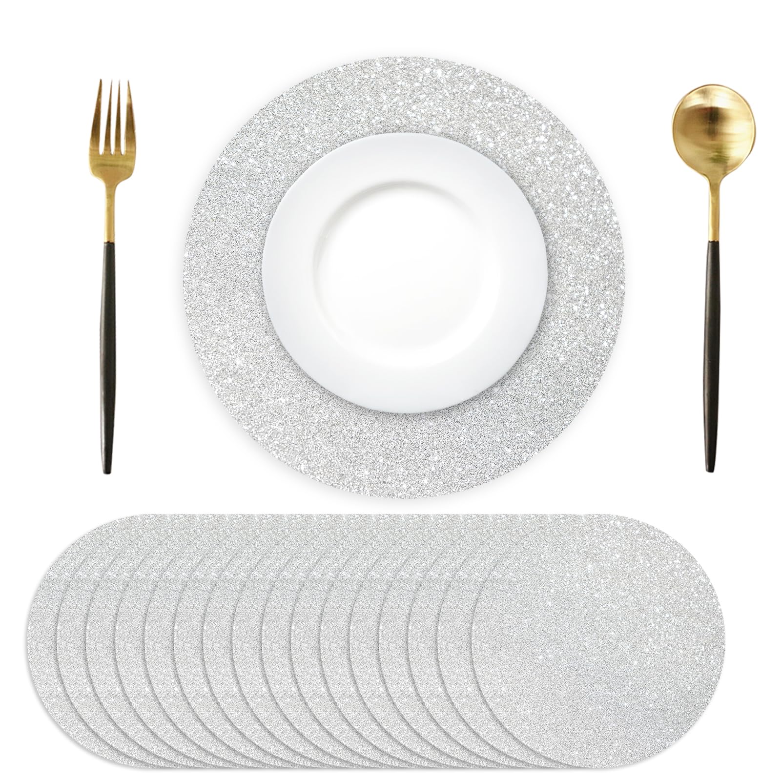 Photo 1 of 100PCS Silver Glitter Paper Placemats Disposable 13.4 Inch Shiny Round Paper Place Mats Decorative Silver Table Mats for Birthday Wedding Mother's Day Party Sparkle Dining Tableware