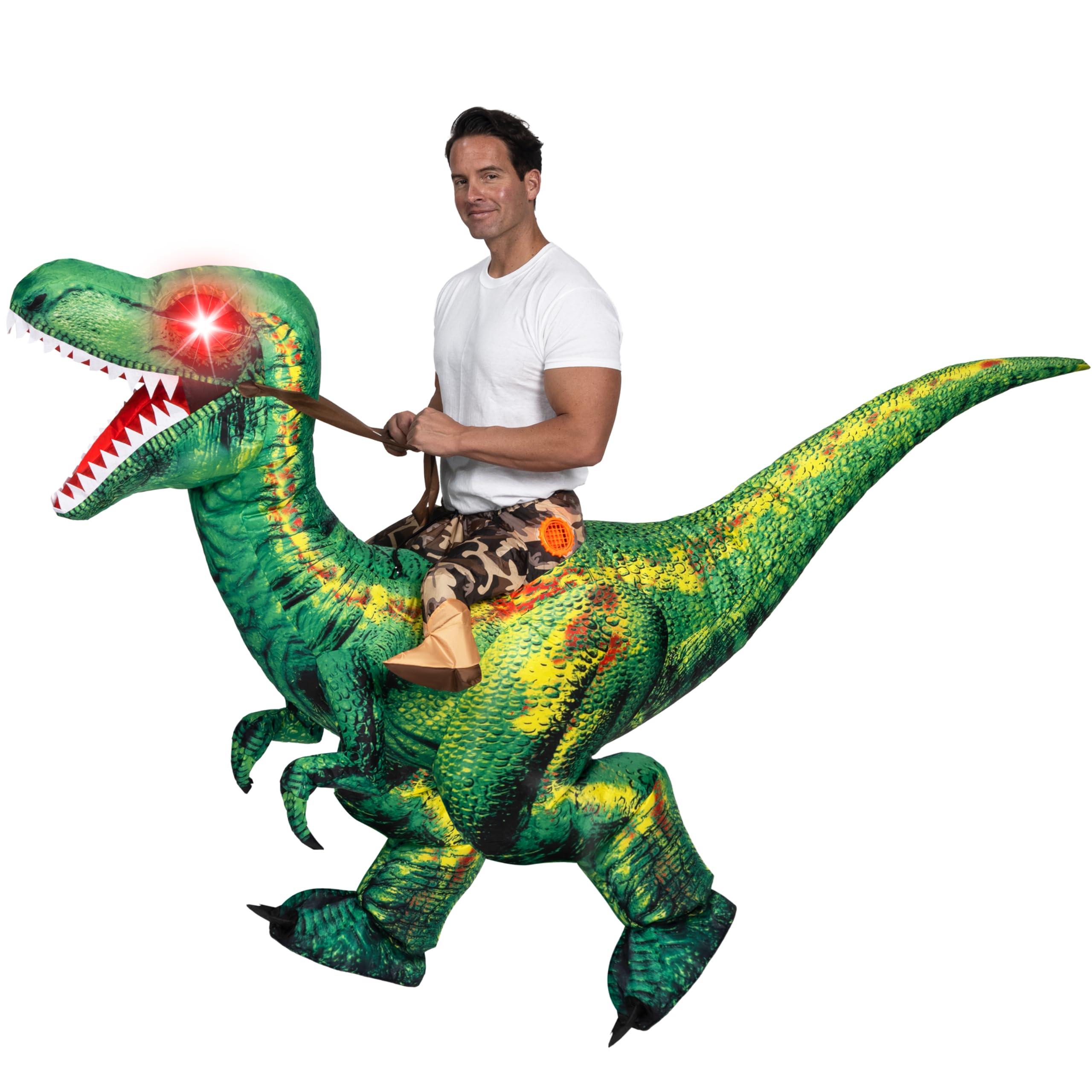Photo 1 of Spooktacular Creations Adult Inflatable Dinosaur Costume, with LED Light Eyes Riding a Raptor, Green Digital Printing T-rex Air Blow-up Ride On Halloween Costume, X-Large(75In)