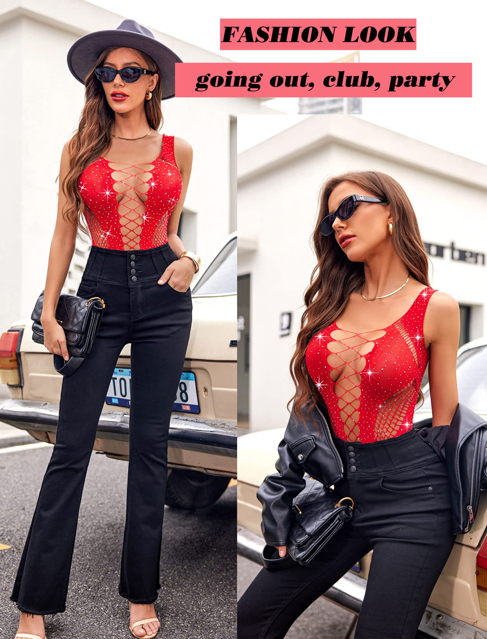 Avidlove Rhinestone Bodysuit Tops Sparkle Fishnet Lingerie Sexy Outfit for Women Mesh Body Suit Teddy Lingeries