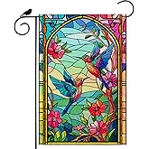 ZAEW Spring Flowers Stained Glass Hummingbirds Garden Flag Seasonal Yard Flag 12x18 Inch Double Sided Small Mini Yard Outdoor Outside Holiday Decoration