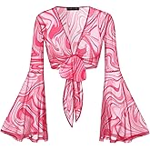 For G and PL Women Tie Front Bell Sleeve Rave Crop Tops Floral Print Hippie Mesh Sheer Shirt