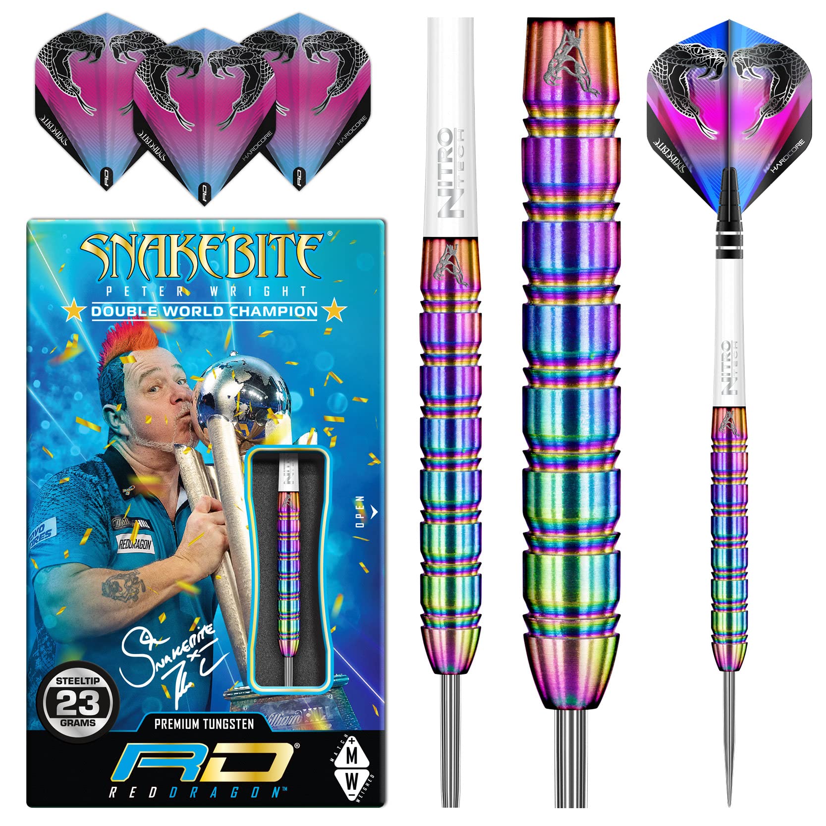 RED DRAGON Darts – Peter Wright Snakebite 1 Series 23g – Professional 85% Tungsten Steel Tip Darts Set with Dart Flights and Shafts