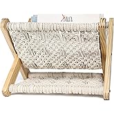 LIVALAYA Small Macrame Magazine Holder Floor- Pre Assembled Boho Room Decor Storage Basket Rack for Books, Mail, Remote, Desk