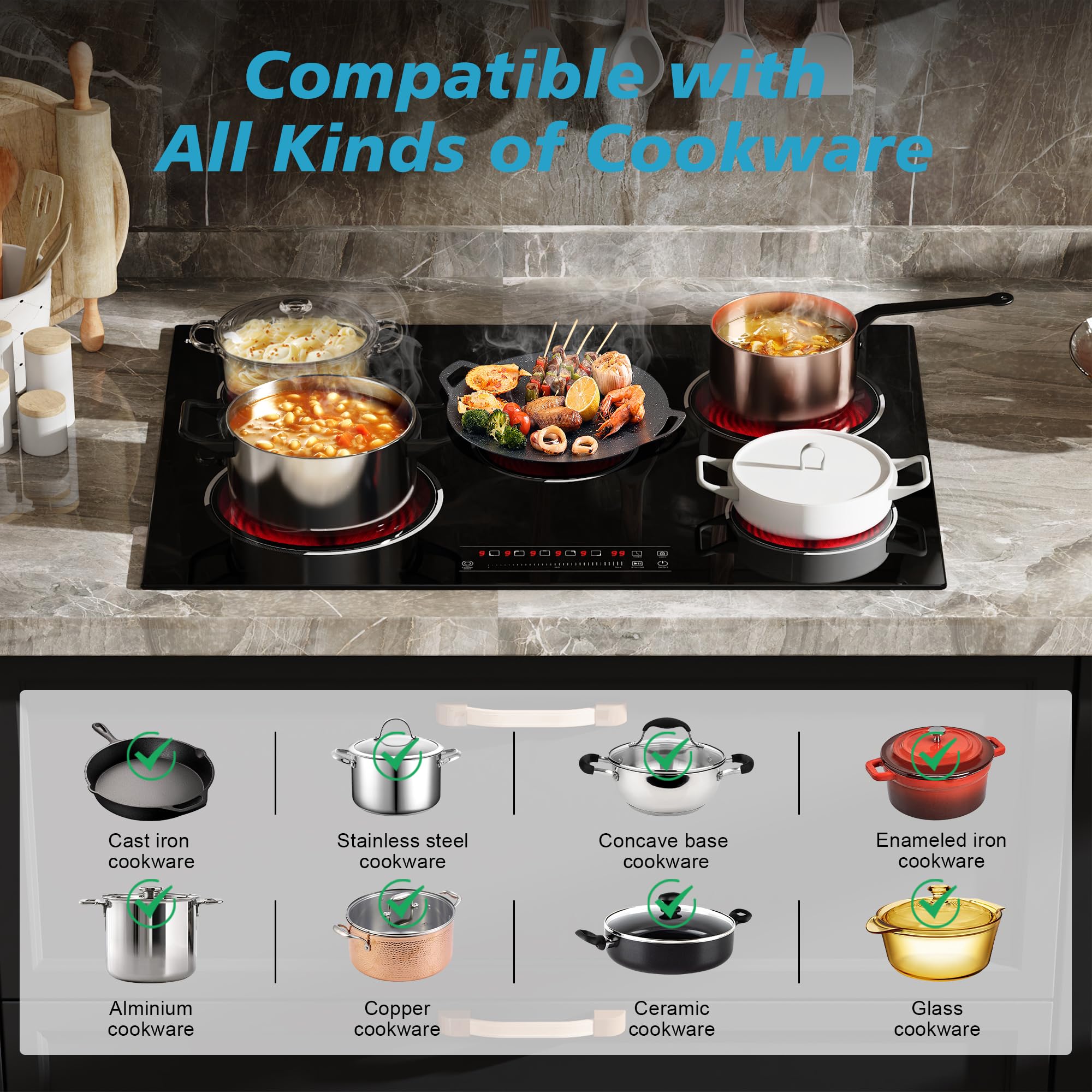 Traenvir 5 Burner Electric Cooktop, 30 Inch 8400W Built-in Electric Stovetop, Glass Ceramic Cooktop with Expanded Zone, Slide Touch Control, Child Lock, Timer, Pause, 220V - 240V Hard Wire, No Plug