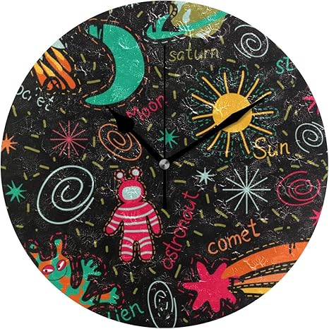 Amazon Co Jp 漫画ブラックスペースギャラクシーラウンド ウォール クロック 円形 時計プレート サイレント ノンティック クロック キッチン ホーム デコレーション用 ホーム キッチン