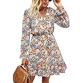 KIRUNDO Women Casual Summer Fall Dresses Long Sleeve Floral Wrap V Neck High Waist Ruffle Tiered A Line Flowy Mini Dress
