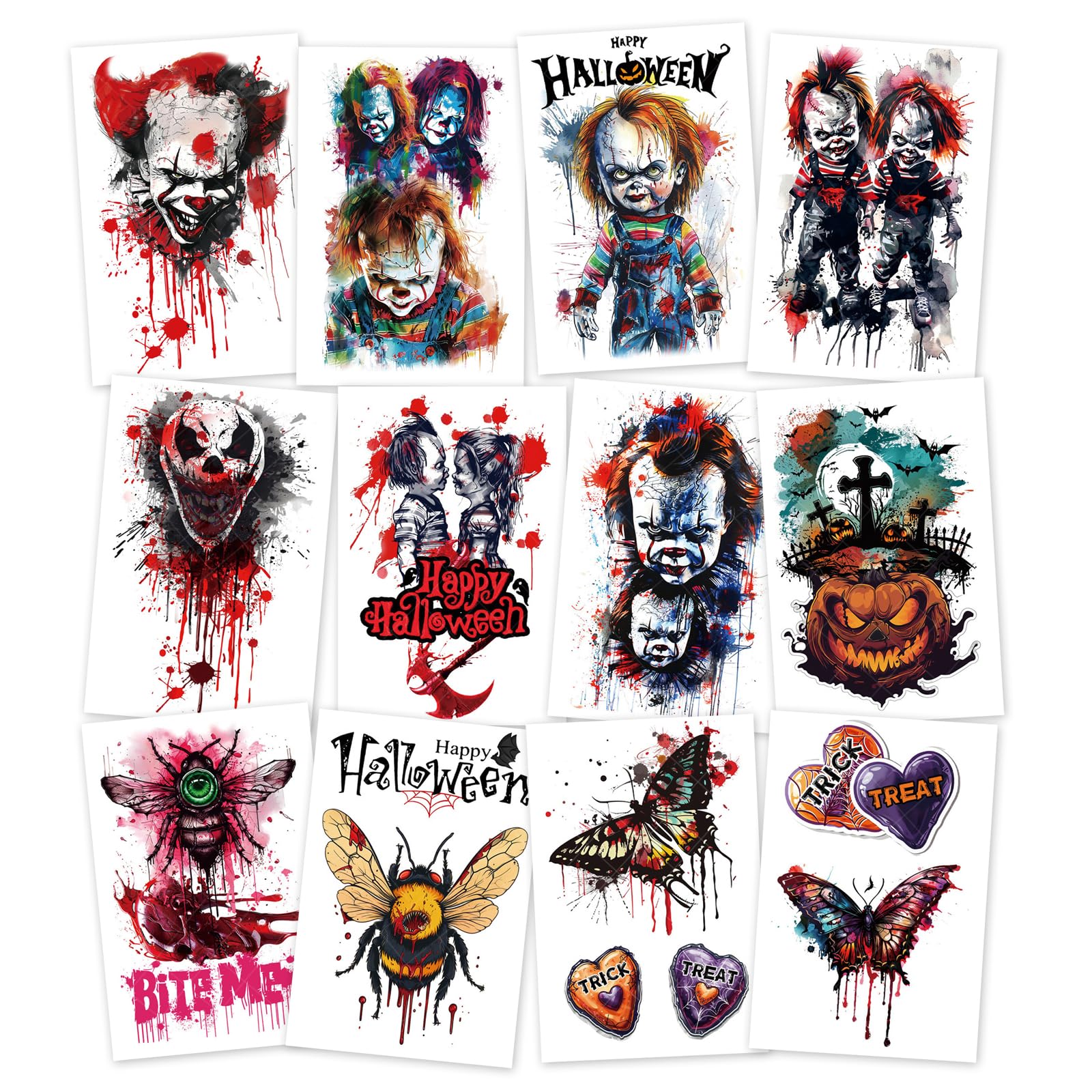 Photo 1 of 12-Sheet Halloween-Themed Temporary Tattoo Stickers – Scary Fake Tattoos for Halloween, Cosplay, and Festivals – Perfect for Kids and Adults