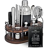 Home Hero Bartender Kit - 22-Piece Cocktail Shaker &amp; Bar Tool Set - Wooden Stand Display &amp; Bar Cart Accessories - Recipe Book &amp; Housewarming Gifts - 22-Pc, Silver