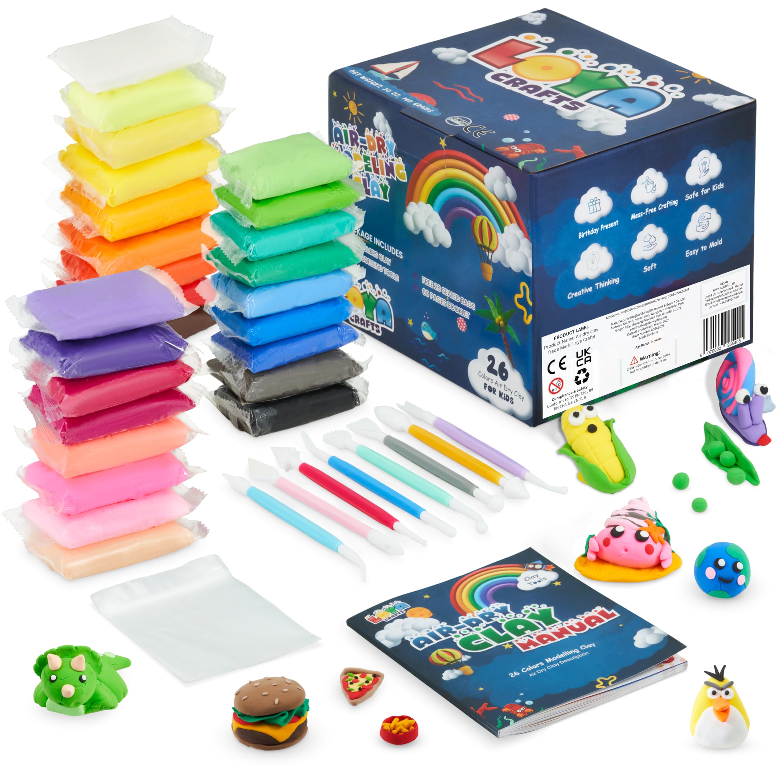 Air Dry Clay for Kids for Kids, 26 Colors Modelling Clay with 8 Tools, Project Booklet, 26 Poly Bags, Soft Ultra Light Magic Clay, Quick Drying Foam Clay for Children, Art & Craft Kits