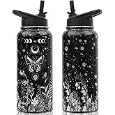 Insulated Goth Water Bottle 32 oz, Goth Gifts for Women, Halloween Gothic Water Bottle with Straw and Lid, Reusable Leakproof Water Bottle Stainless Steel
