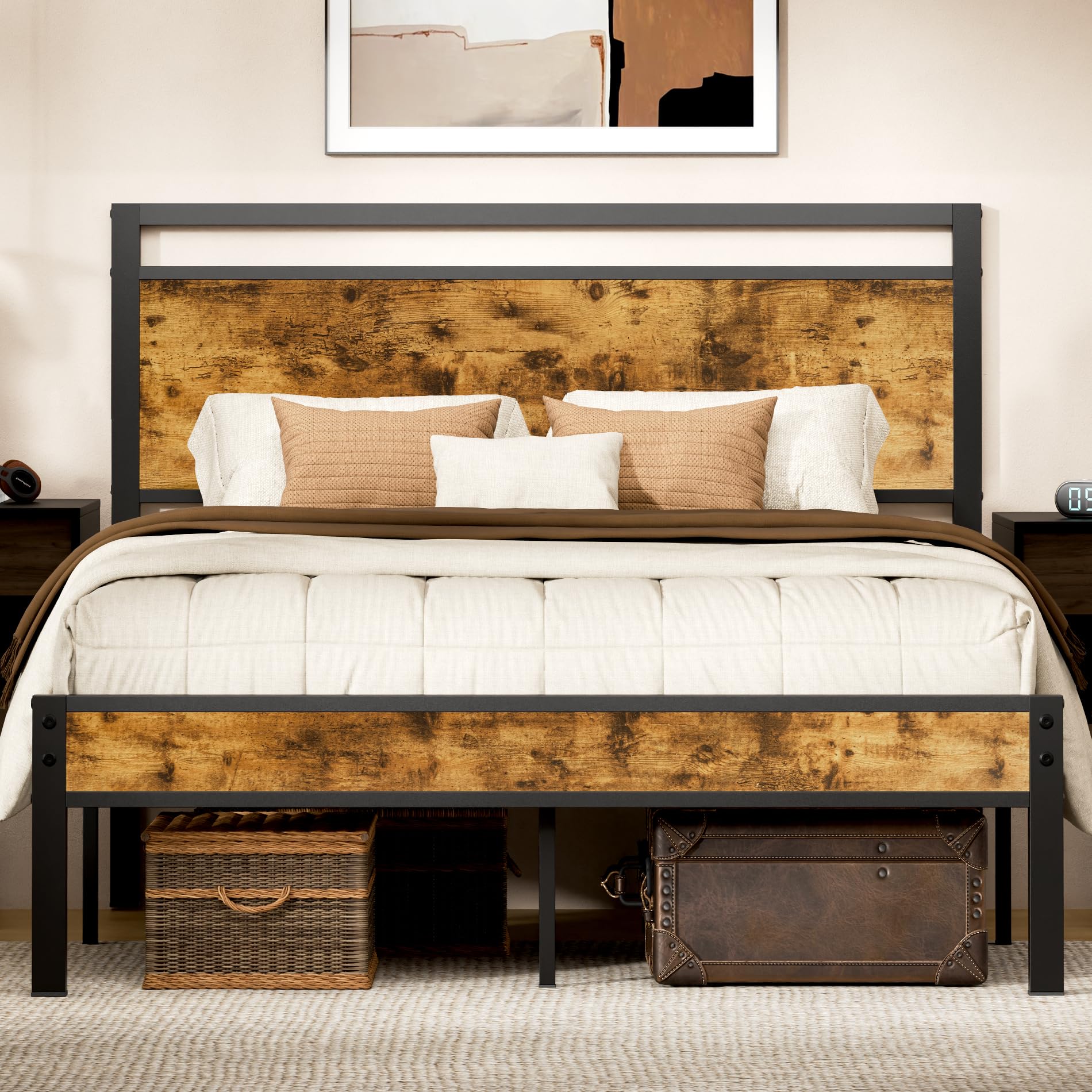 Photo 1 of Z-hom Queen Bed Frame with Modern Wood Headboard & Footboard, Upgraded Heavy Duty Metal Sturdy Bed Frame Queen Size, Stable Platform Bed Furniture Bed Storage, No Noise, No Box Springs, Vintage Brown