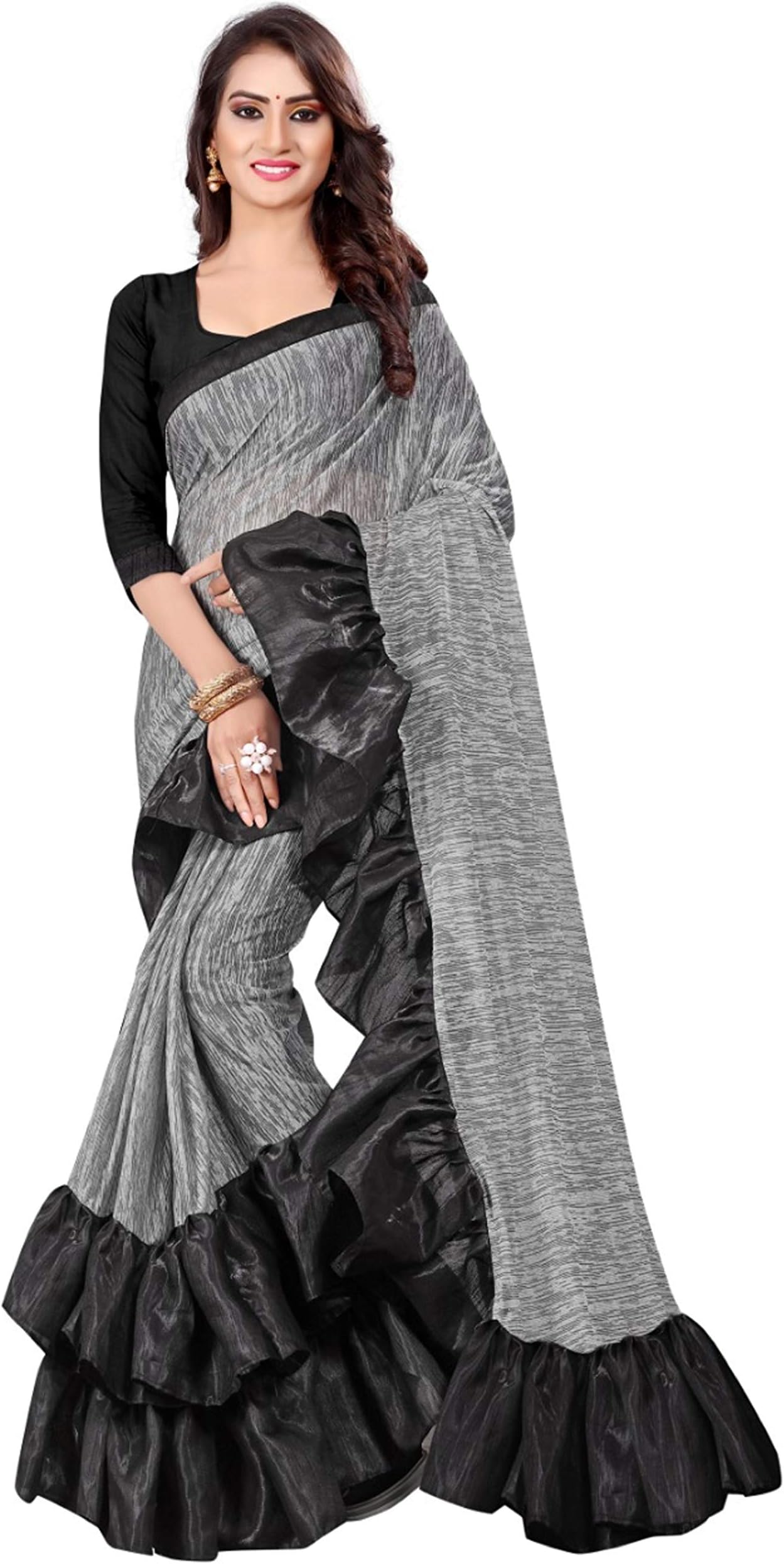 Magneitta Women's Georgette Solid Designer Ruffle Saree Frill Sari