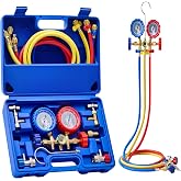OMT 3-Way AC Manifold Gauge Set for R12 R134a R502 R22, 5 ft Hoses | Includes R134a Couplers Self-Sealing &amp; Piercing Can Taps 29&deg; Adapter; Solid Brass Build; Ideal for Auto Freon Recharge