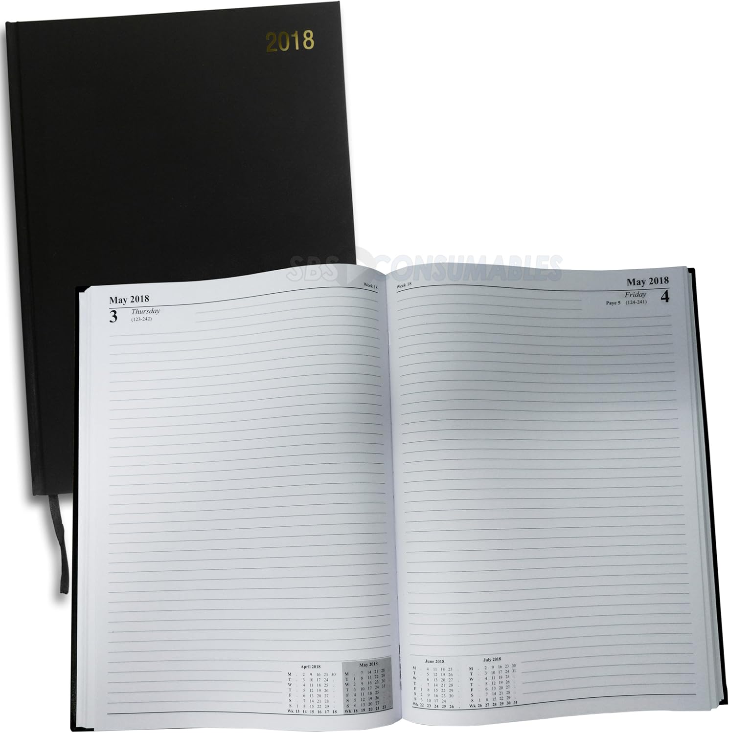 2018 1 Page per Day Diary. A4 Black Yearly Casebound Organiser Planner