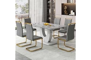 hohoedc 63" Morden Faux Marble Dining Room Table Set,Big Kitchen Dining Table for 6-8 with MDF Base,7 Piece Rectangle Dining Table Set &6 Pu Leather Upholstered Chairs.