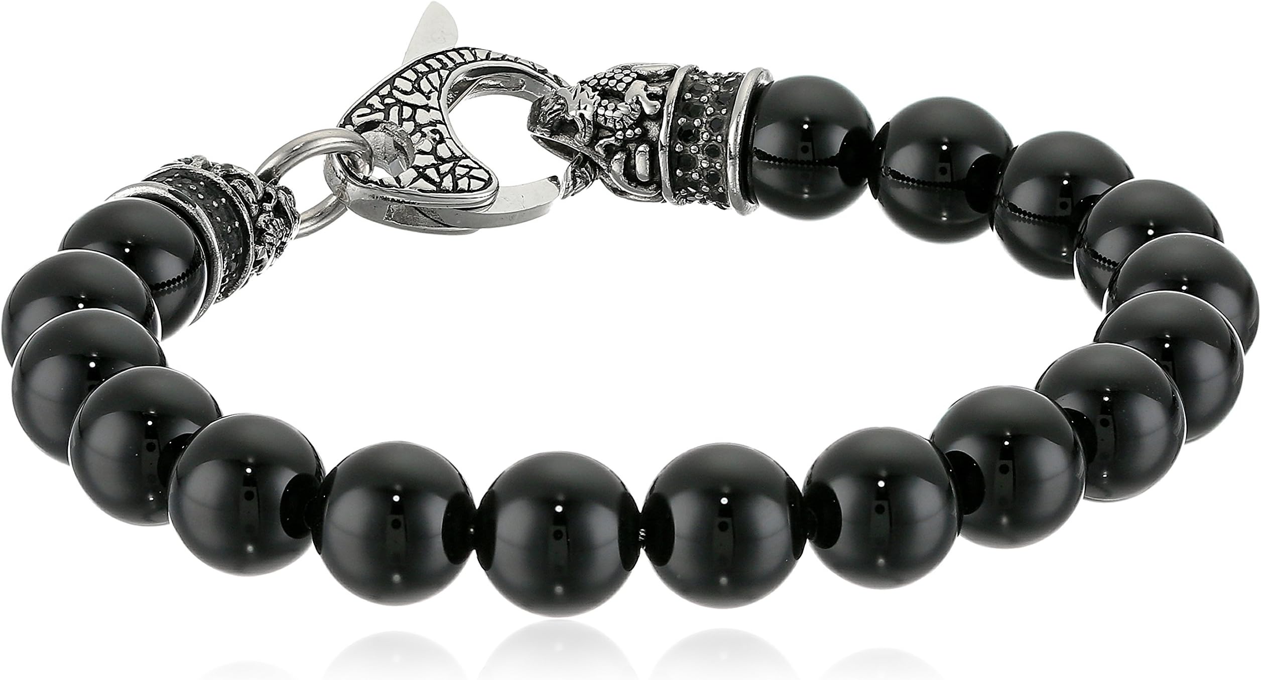 Crucible JewelryMens Black Onyx Beaded Stainless Steel Antiqued Finish Dragon Clasp Bracelet, Black, One Size