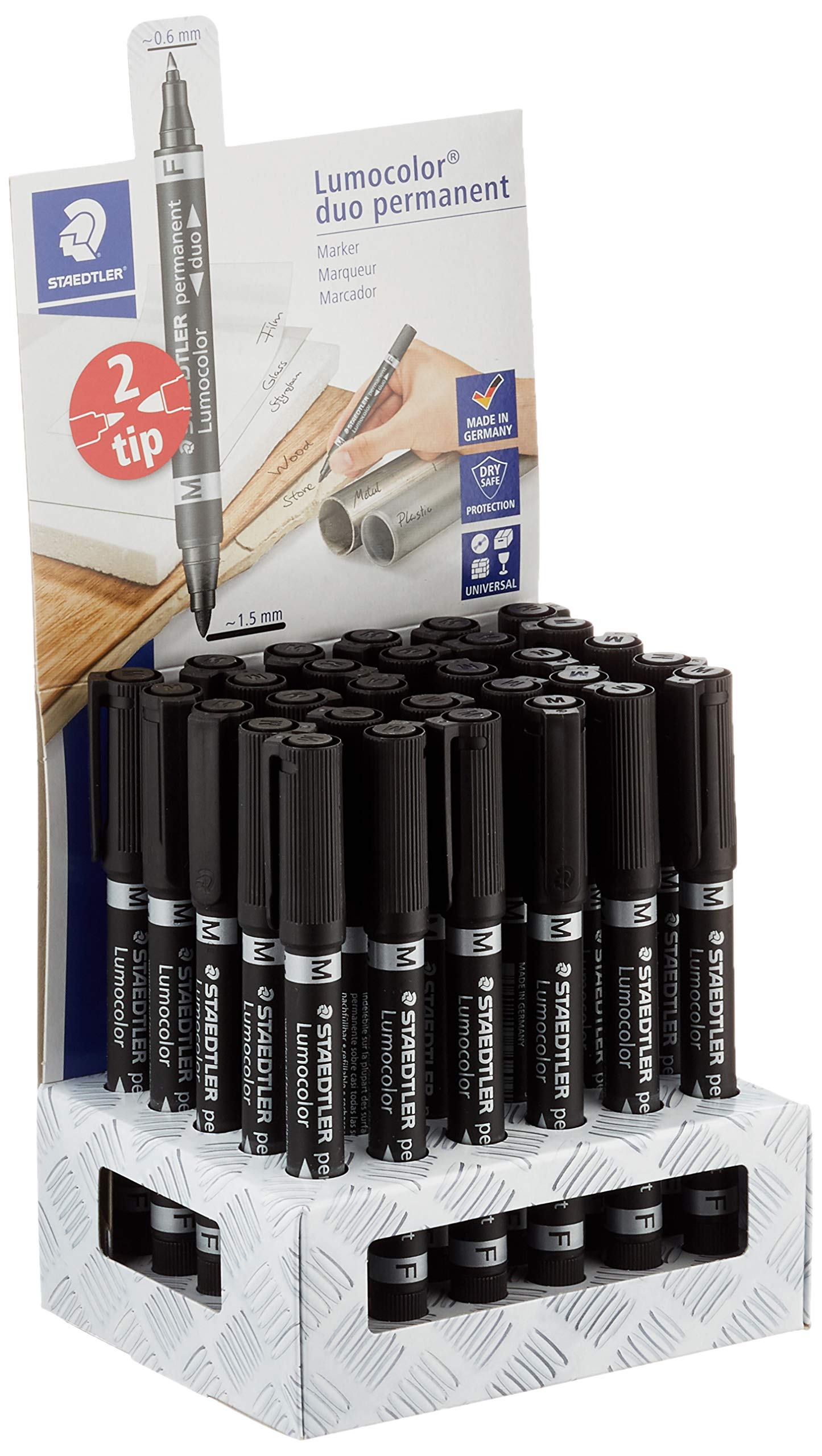 STAEDTLER Lumocolor 348-9 CA30 Dual Tip Permanent Marker Display with 30 Black Dual Tip Markers