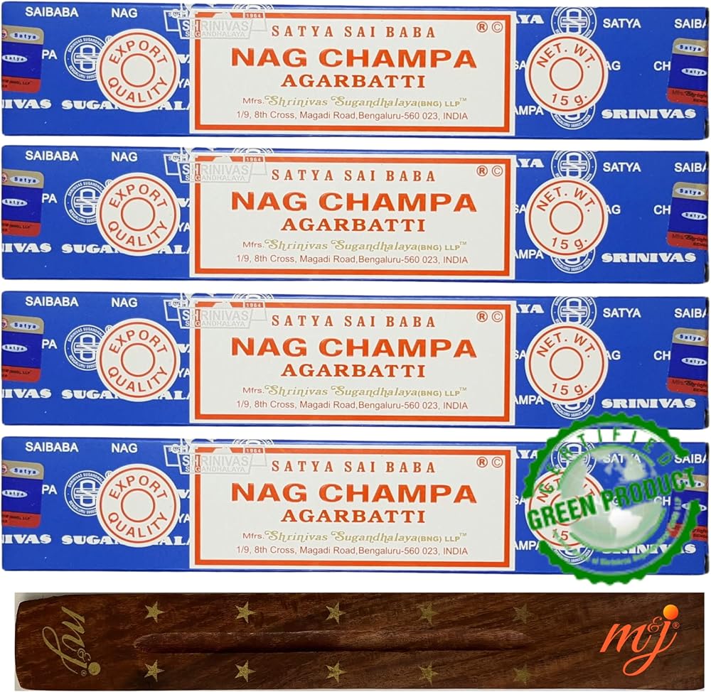 M & J Satya Nag Champa Incense Sticks x4 with Holder – Aromatherapy