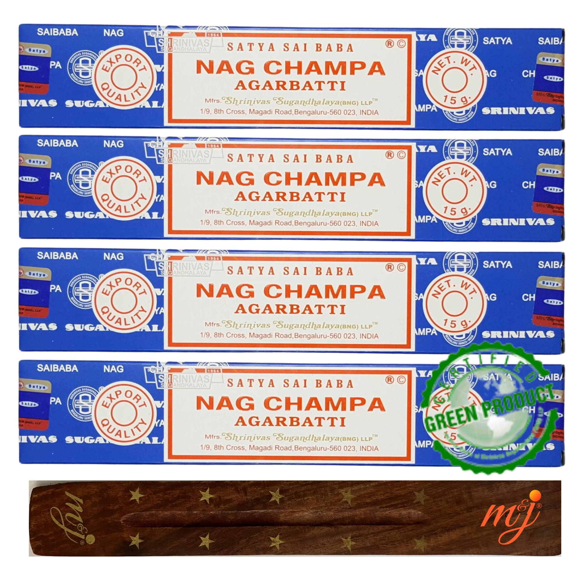 Original Satya Nag Champa Agarbatti Incense Sticks | with M&J incense sticks holder | x4 pack | for Aromatherapy, Spa, Yoga, Weddings, Meditation, Healing, Positivity and Relaxation — image 1