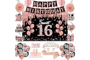 Sweet 16 Birthday Decorations for Girls,52Pcs PRE-STRUNG Rose Gold Black Set-16th Years Old Crown and Sash,Banner,Hanging Swi