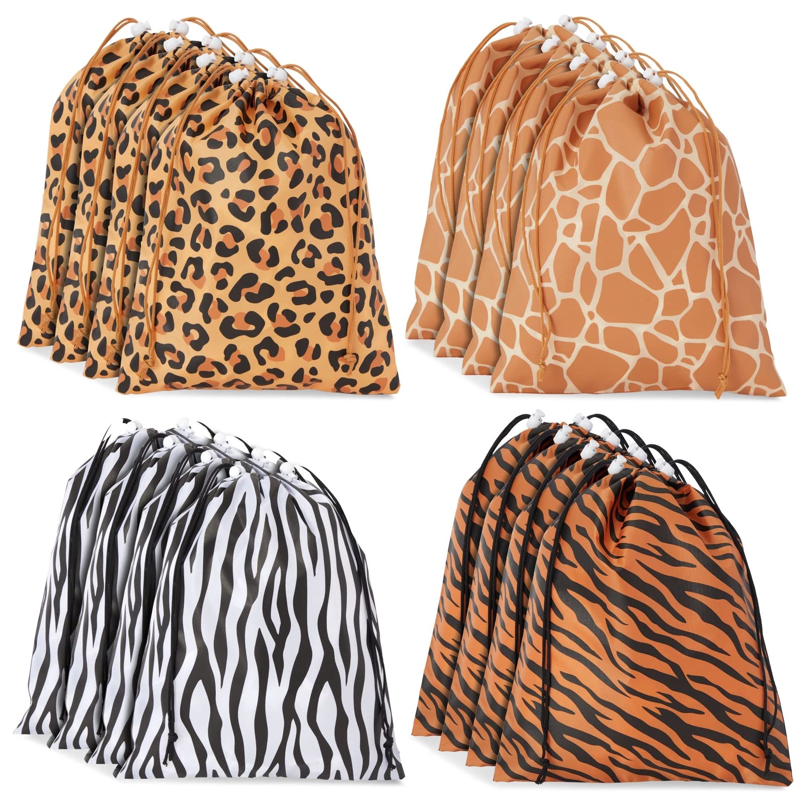 Jungle Themed Tote Drawstring Bags, 12-Pack of Animal Print Kids Party Gift Bags in 4 Designs for Safari, Animal, Adventure Party