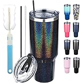 GUDEMAO 40 oz Tumbler with Lids and Straws, Stainless Steel Insulated Coffee Tumbler, Double Wall Vacuum Insulated Travel Mug Cup, Leakproof Thermal Coffee Cup for Hot and Cold Drinks (Glitter Black)