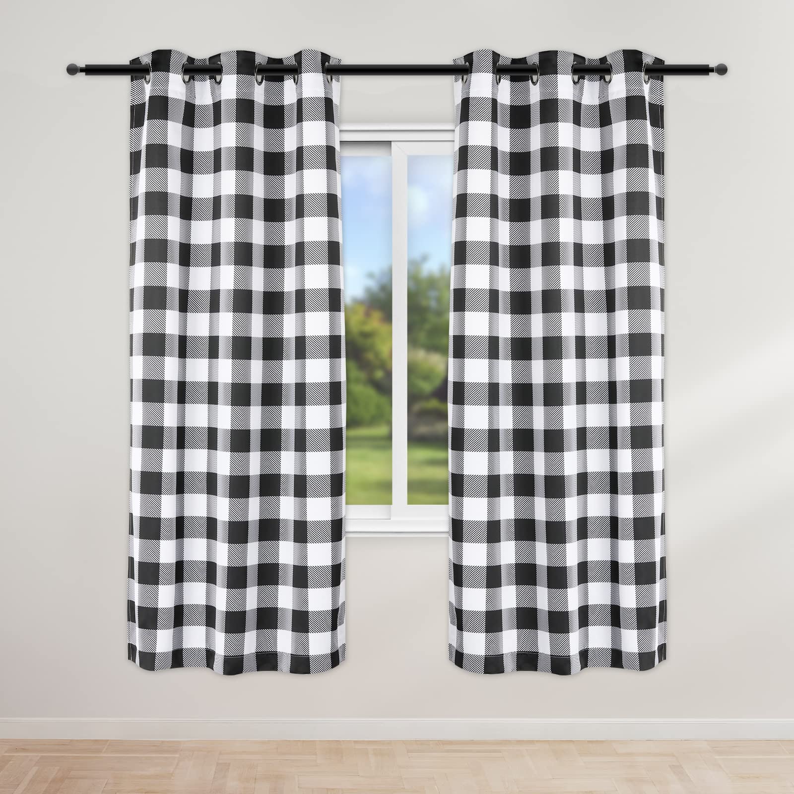 Simple Deluxe Buffalo Check Blackout Curtains Panels for Living Room, Bedroom Farmhouse Courtyard Style Room Darkening Thermal Insulated Plaid Grommet Curtain, 37" W x 63" L, Black and White