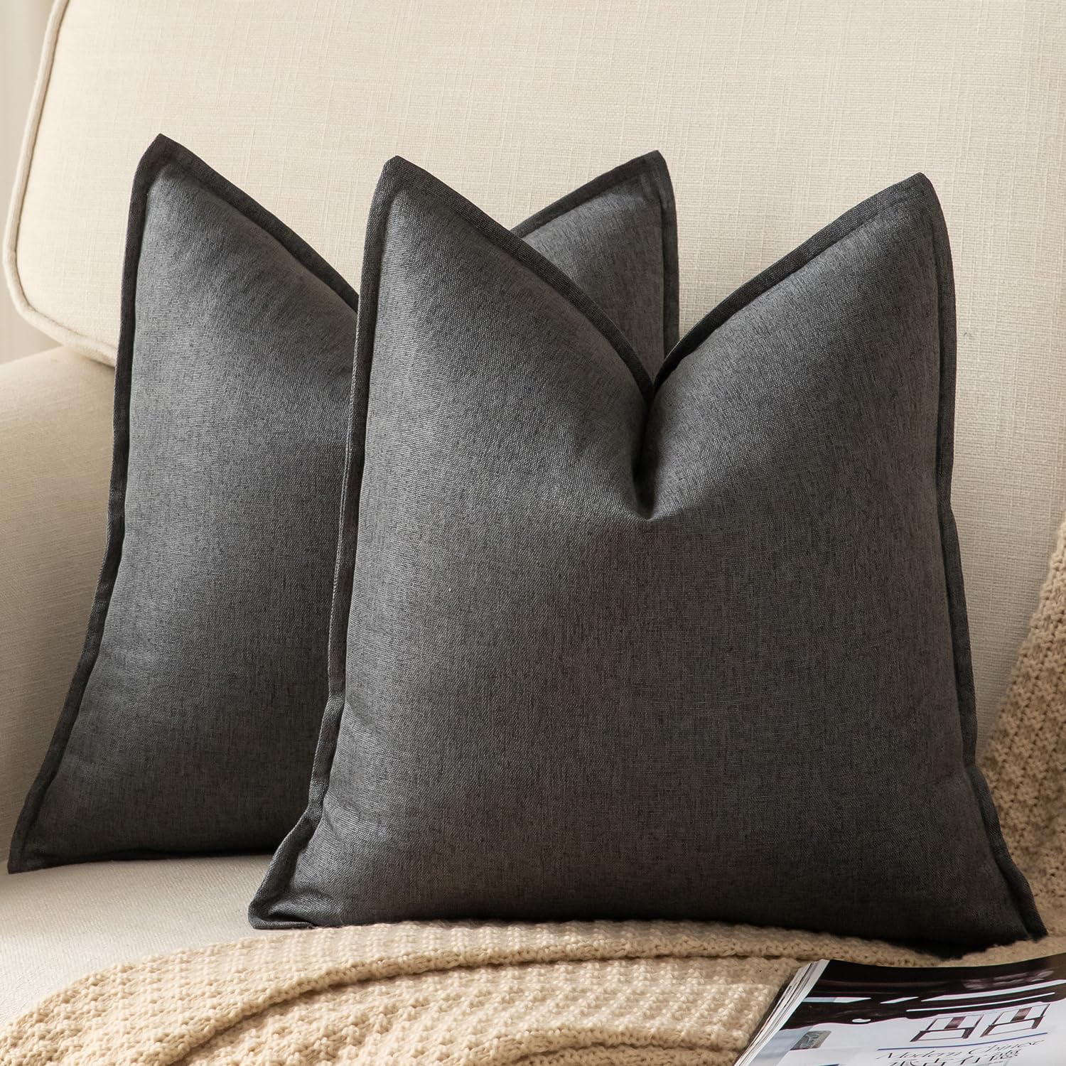 YAERTUN Pack of 2 Decorative Linen Soild Cushion Covers Farmhouse Neutral Throw Pillow Cases for Chair Couch Sofa Bedroom Living Room Home Decor 24 x 24 Inch 60x60 cm Dark Gray