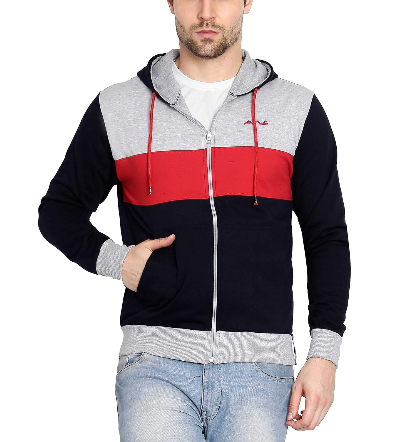 navy blue and red hoodie
