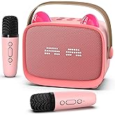 Mini Karaoke Machine Toys Gifts,Kids Portable MP3 Player with 2 Wireless Microphone and LED,Christmas Birthday Gifts for Girls Boys 3 4 5 6 7 8+ Year Old (Pink)
