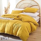 YIRDDEO Queen Comforter Set - Comforter Queen Size Sets with Ball Pom Fringe, Soft Bedding Set for All Seasons - 3 Pieces, 1 Comforter (90"x90") & 2 Pillow Shams (20"x26"), Mustard Yellow