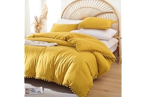 YIRDDEO Queen Comforter Set - Comforter Queen Size Sets with Ball Pom Fringe, Soft Bedding Set for All Seasons - 3 Pieces, 1 Comforter (90"x90") & 2 Pillow Shams (20"x26"), Mustard Yellow