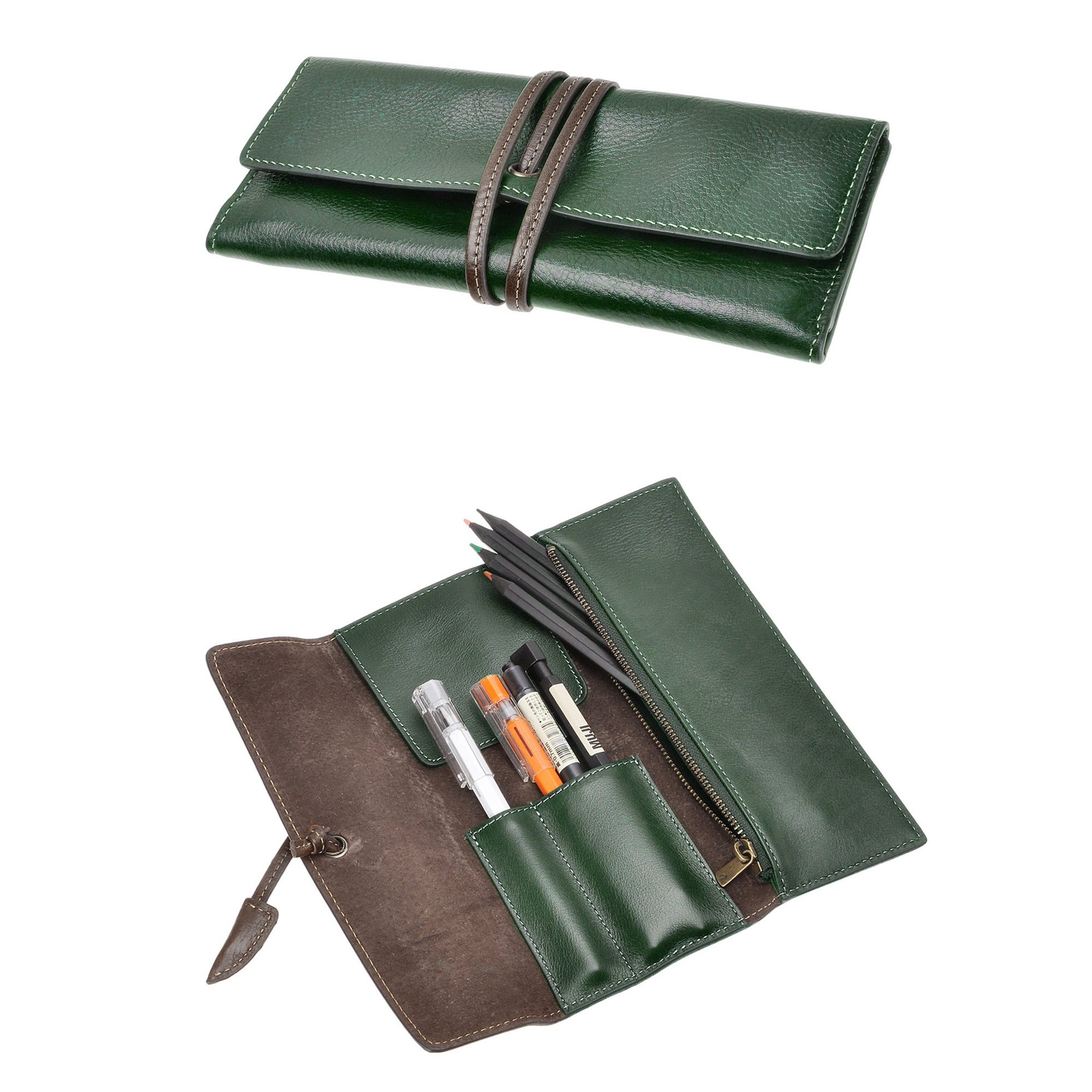 ZLYC Handmade Soft Roll Up Vintage Leather Pencil Case Green