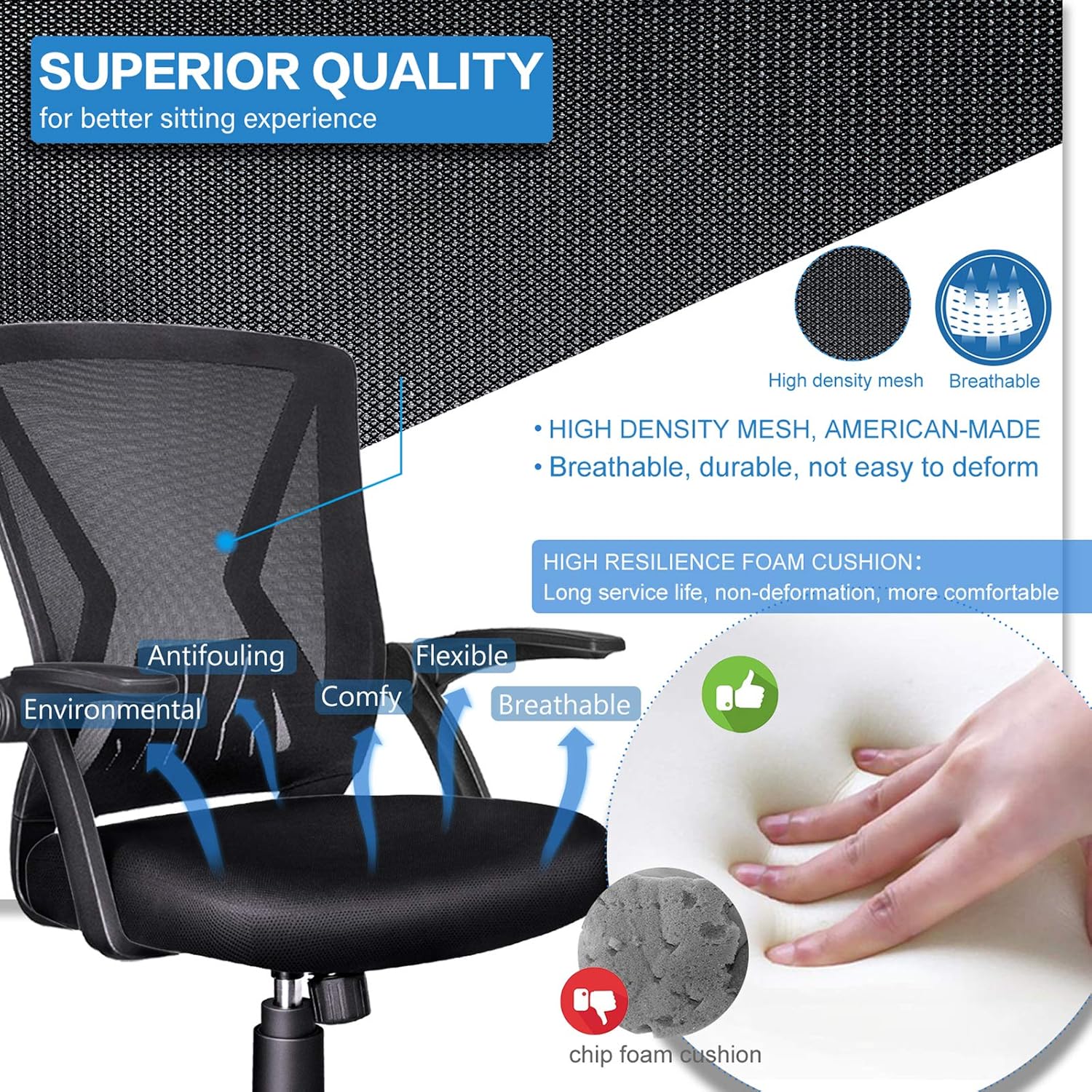 KOLLIEE Mid Back Mesh Office Chair Ergonomic Swivel Black Mesh Computer Chair Flip Up Arms with Lumbar Support Adjustable Height Task Chair: Home & Kitchen