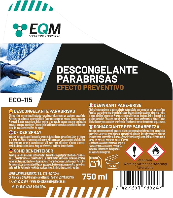 EQM - ECO-115 - Descongelante para Parabrisas - 2 X 750 ml - Elimina Hielo y Escarcha de Inmediato - Efecto preventivo, Reduce la formación de Hielo