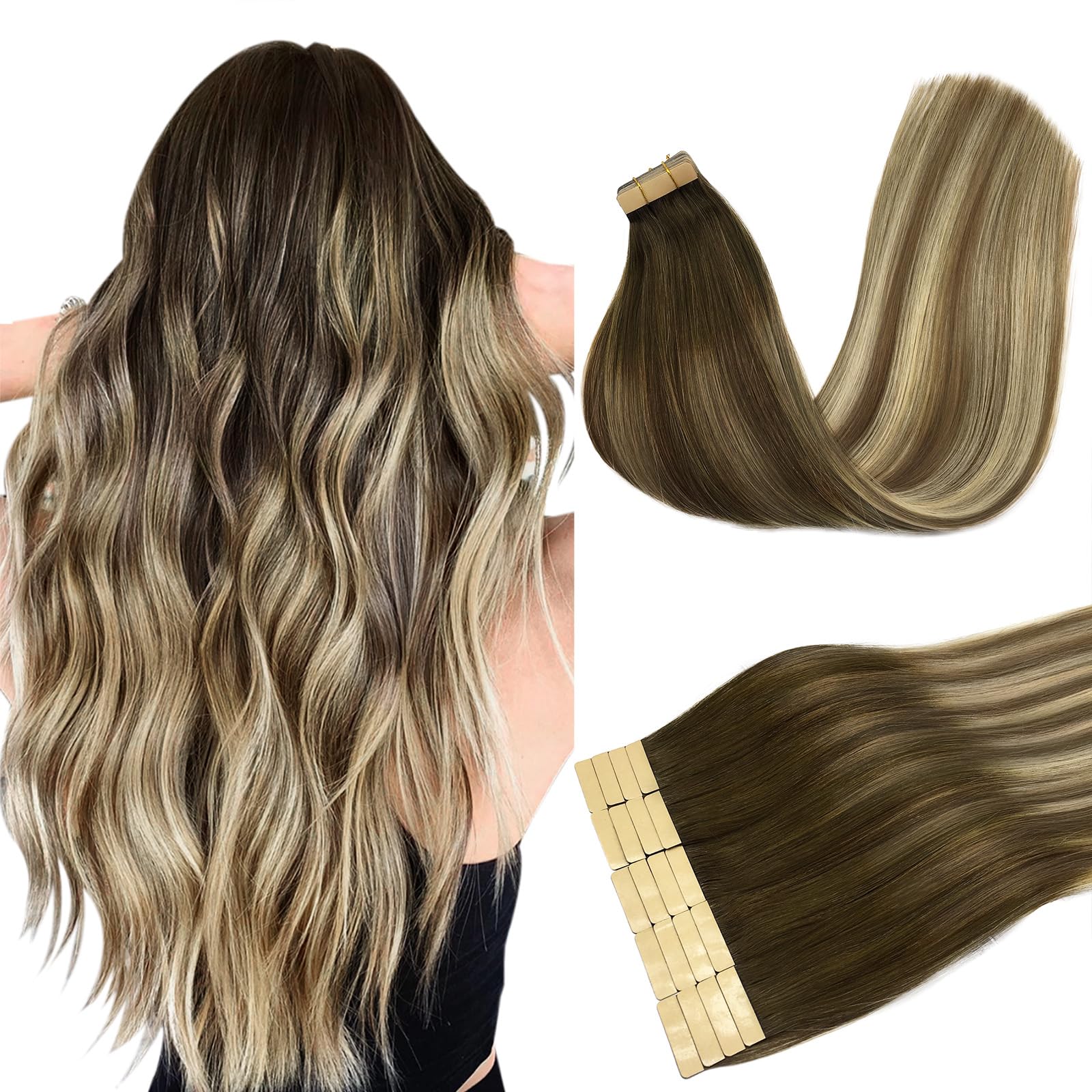 DOORES Human Hair Extensions Tape in, Balayage Walnut Brown to Ash Brown and Bleach Blonde, 18 Inch 20pcs 50g, Tape in Hair Extensions Silky Straight Soft Weft — image 1