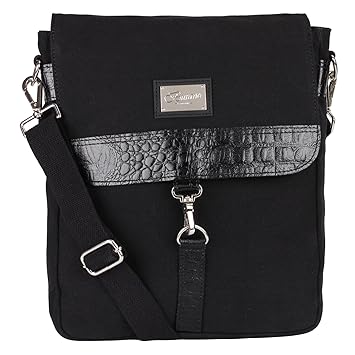BURANO black premium canvas and crocodile embosed leather side bag