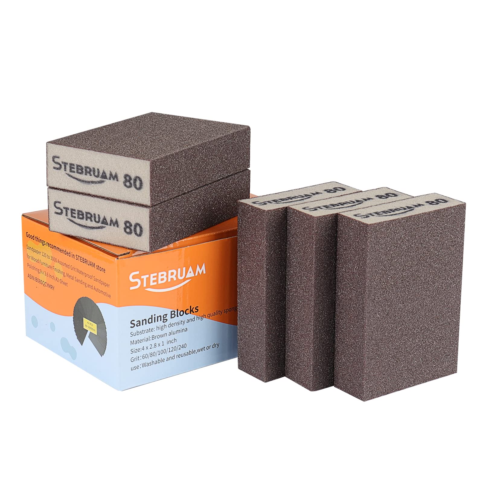 STEBRUAM 5 Pieces Sanding Sponges,Coarse and Fine Sanding Blocks -80 Grits Specifications Sanding Pads,sand sponge Washable and Reusable,Sand Paper Pack for Metal Wood and Wall