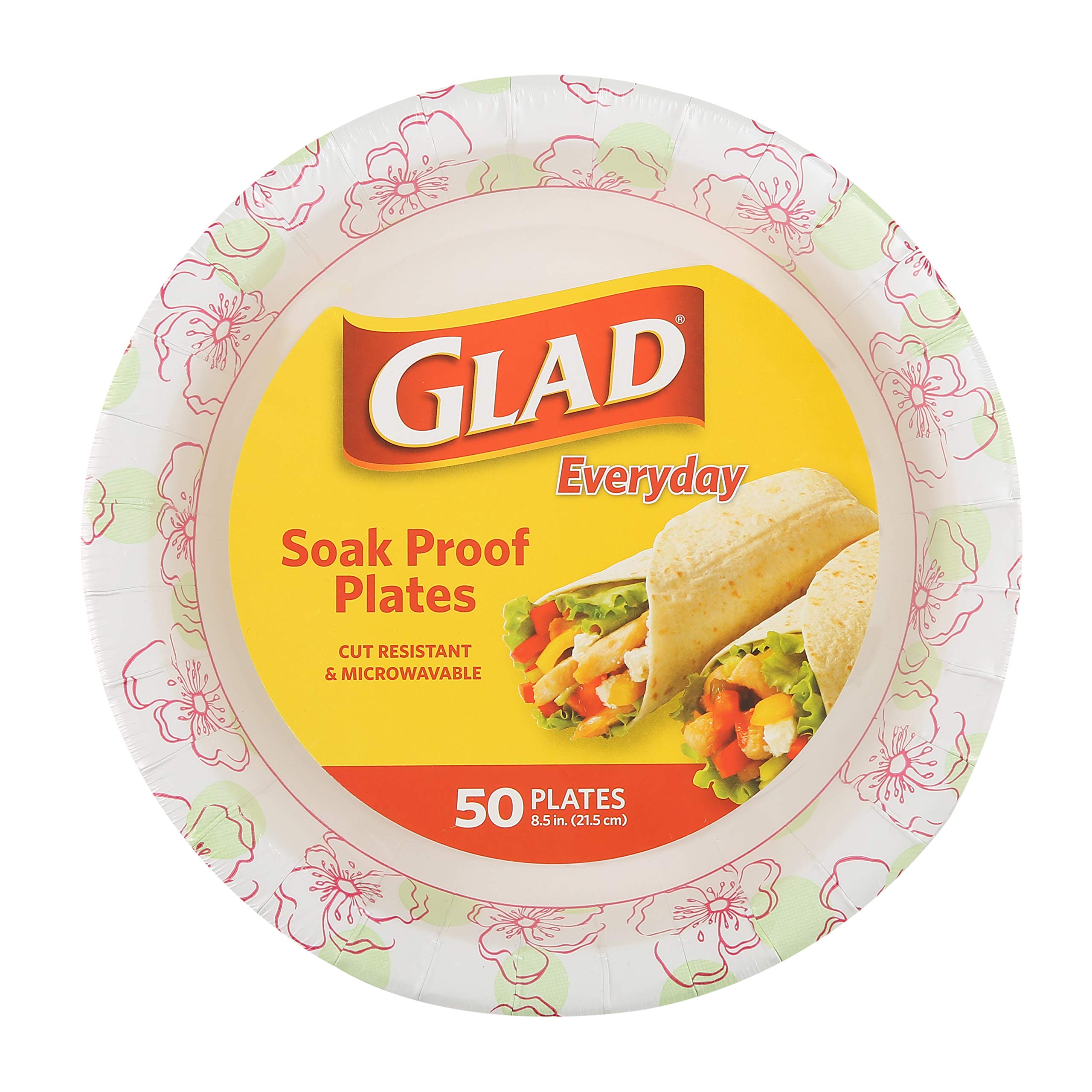 Glad Round Disposable Paper Plates for All Occasions | Soak Proof, Cut Proof, Microwaveable Heavy Duty Disposable Plates | 8.5" Diameter, 50 Count Bulk Paper Plates, Blue Flower Print