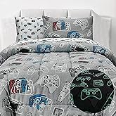 Kids Rule 5-Piece Gaming Bedding Set - Glow-in-The-Dark Controller Print & Gamer Comforter for Boys - 100% Brushed Microfiber & Kids Gaming Bedding - Twin, Blue/Grey